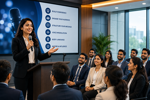 Professionals learning Public Speaking Course skills